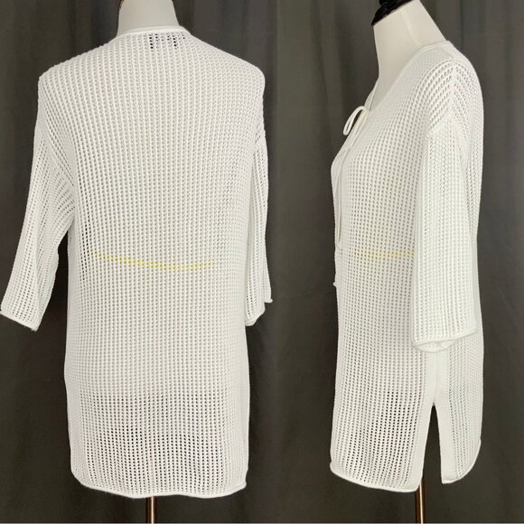 Theory White Open Knit Crochet Tunic Top Cover Up Cotton Blend Sz M - Picture 10 of 16